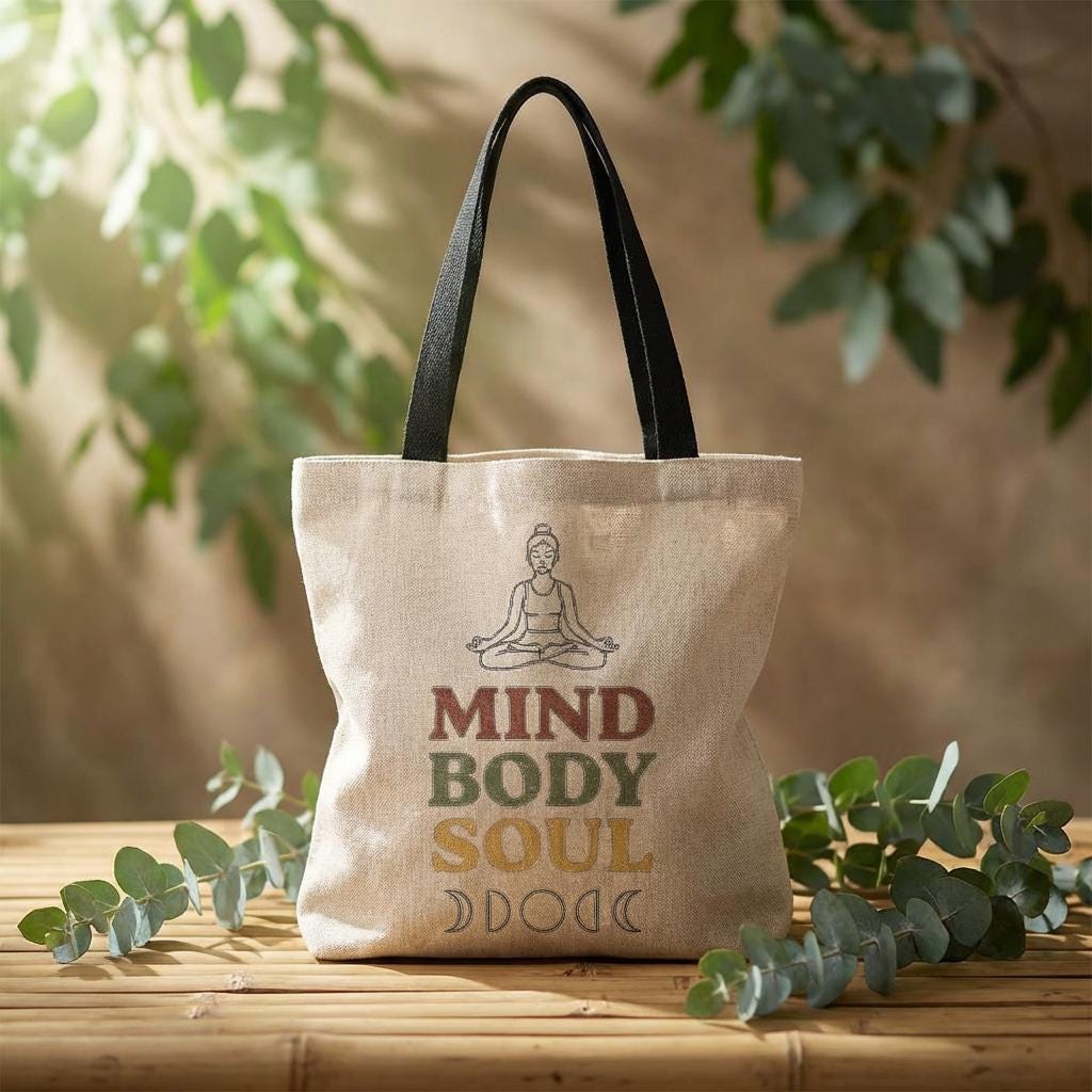 Mind Body Soul woven tote | Meditation Buddha cross-stitch design