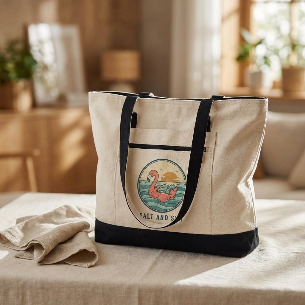 Flamingo Sunset Zippered Canvas Tote | Beach Retro Illustration