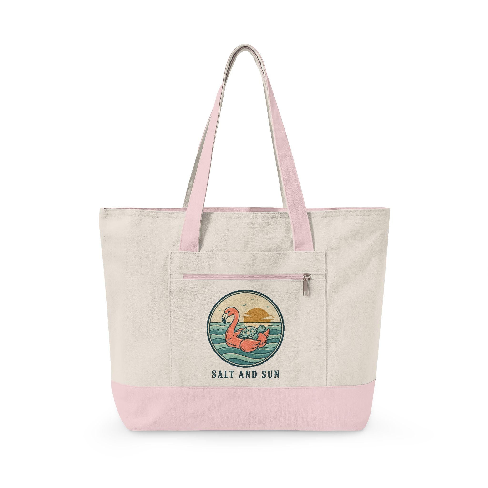 Flamingo Sunset Zippered Canvas Tote | Beach Retro Illustration