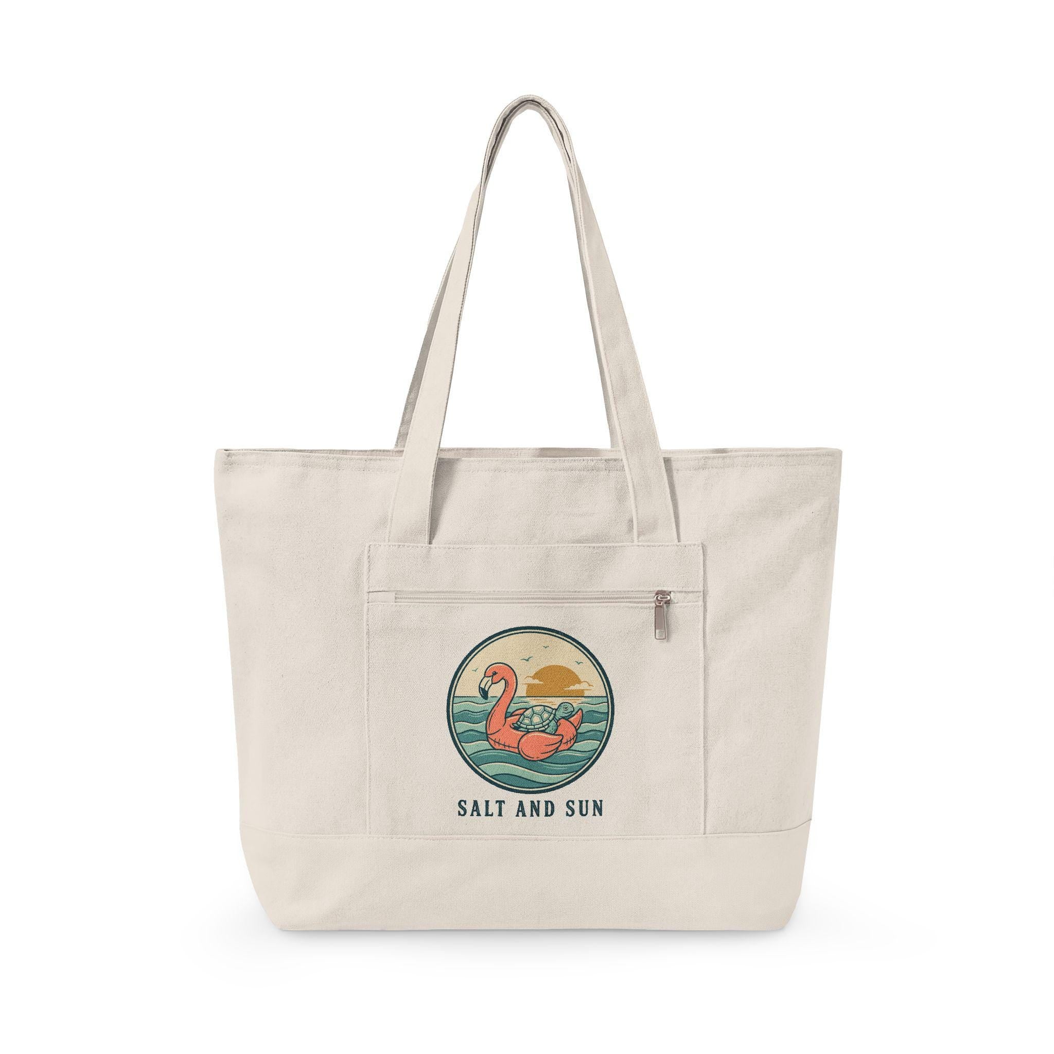 Flamingo Sunset Zippered Canvas Tote | Beach Retro Illustration