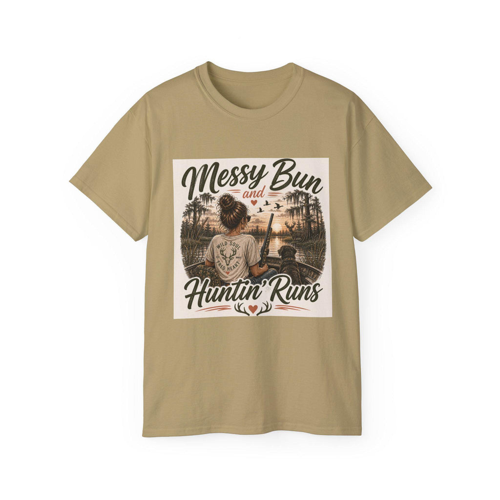 Messy Bun and Huntin' Runs T-Shirt | Hunting Girl Graphic Tee, Outdoors Camper Design