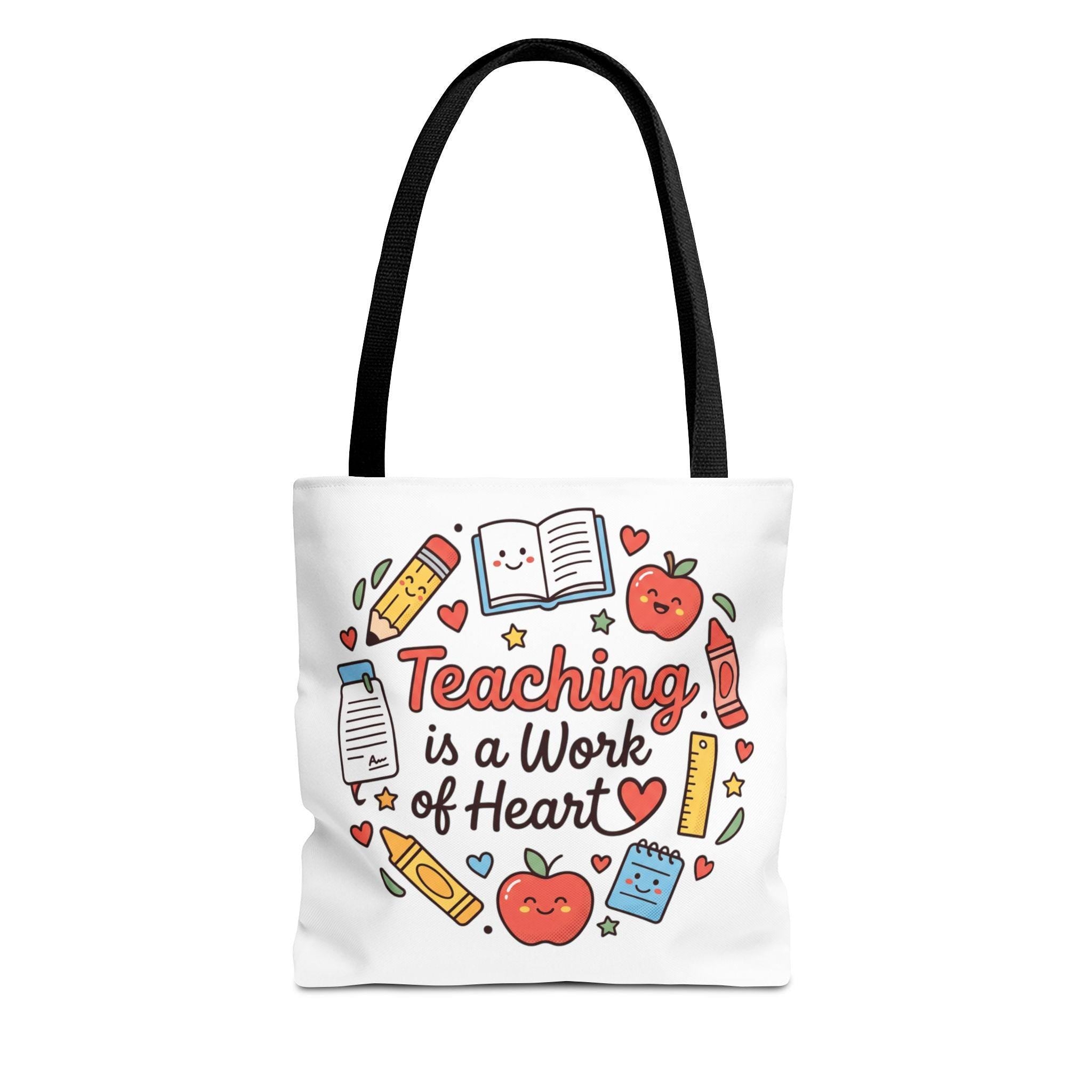 Teaching Is a Work of Heart tote bag | Teacher apple school design