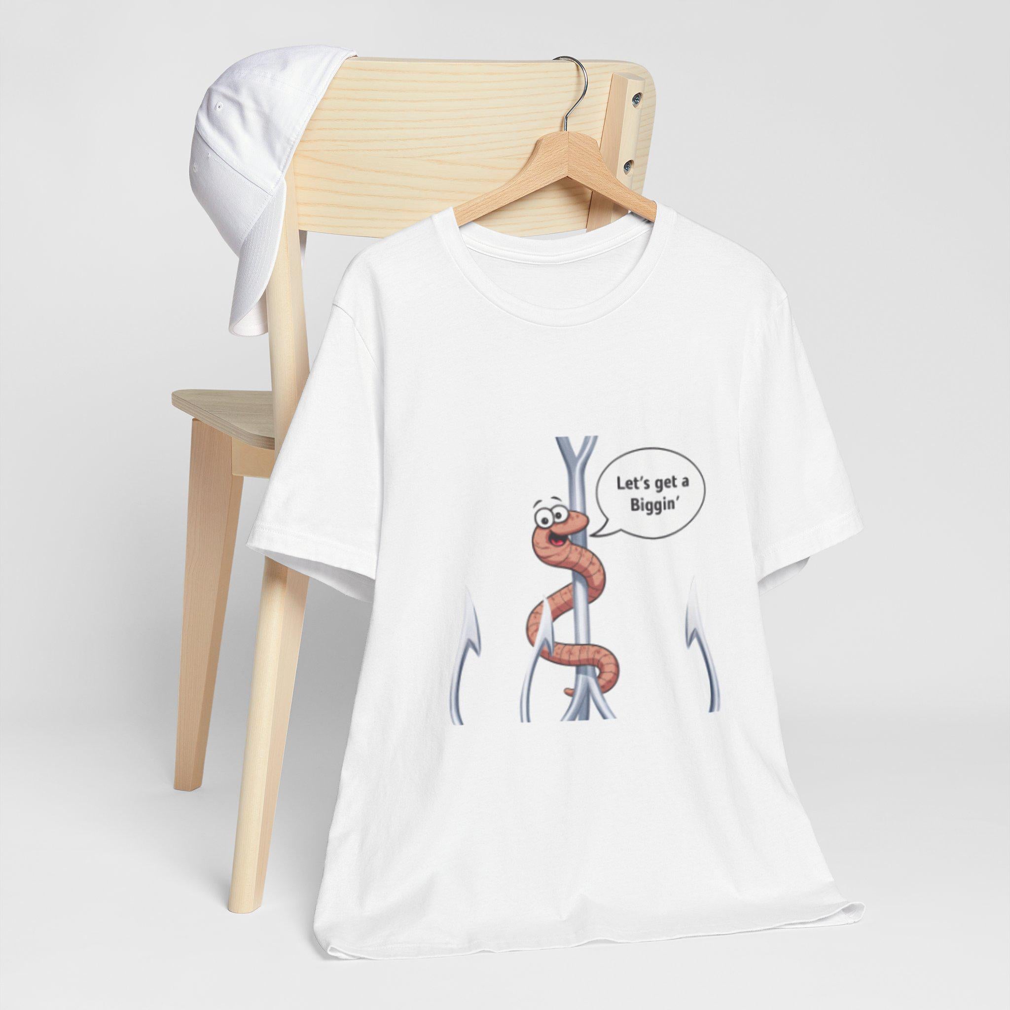 Cartoon Worm on Hook 'Let's get a Biggin' T-Shirt | Fishing Humor