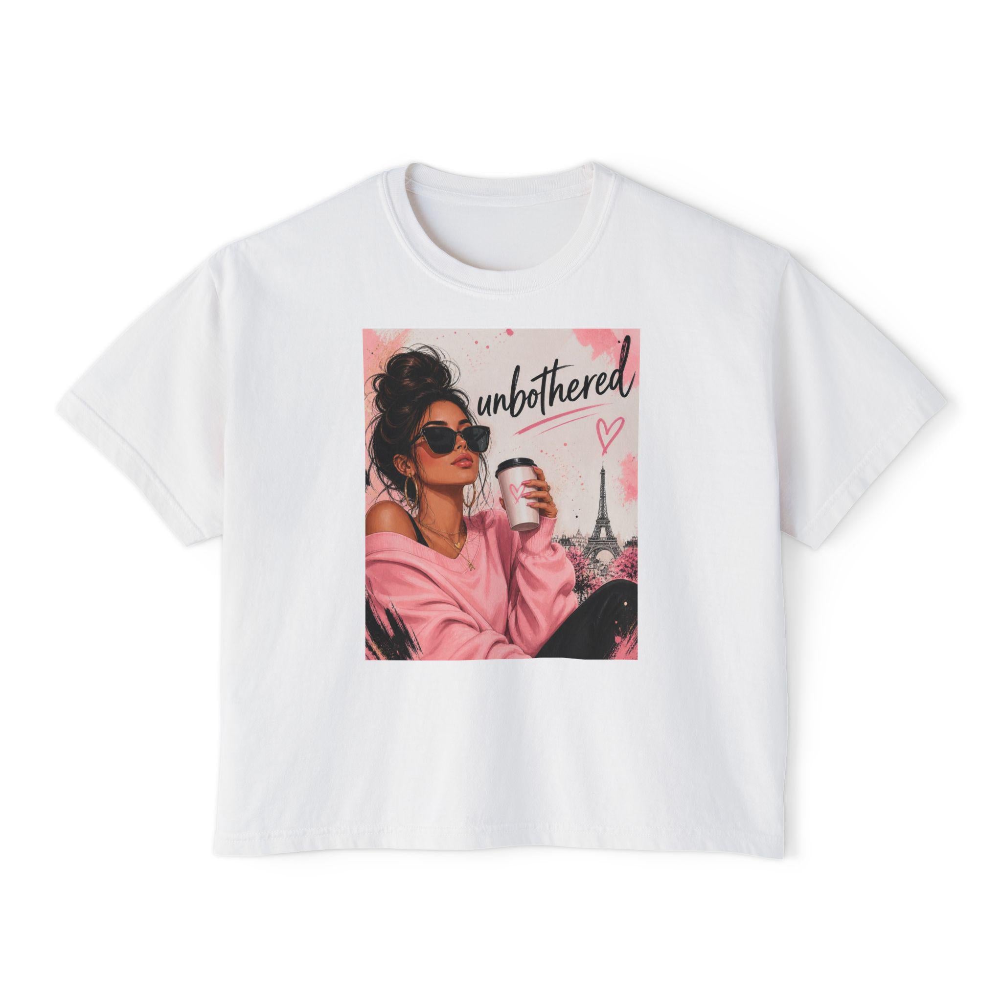 Unbothered Paris Girl Tee | Women's Boxy Tee, Coffee Graphic
