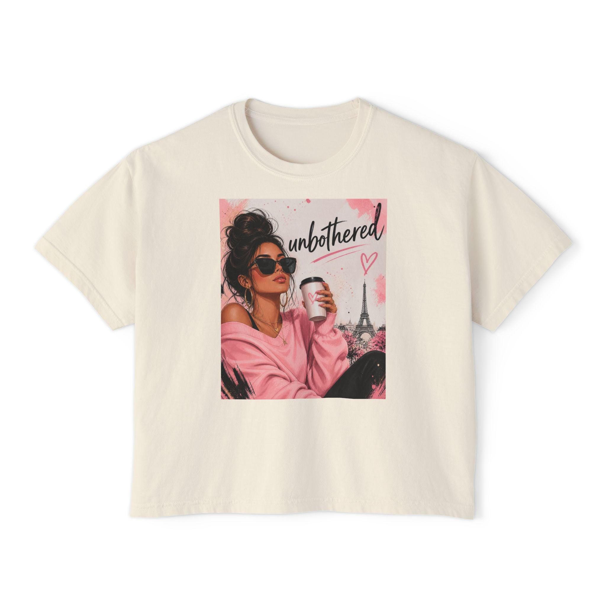 Unbothered Paris Girl Tee | Women's Boxy Tee, Coffee Graphic