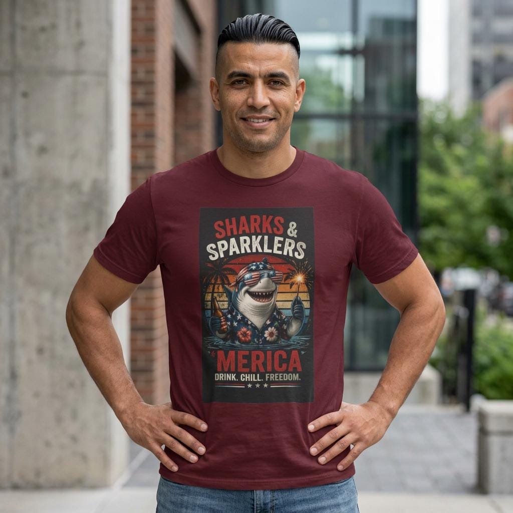 Sharks & Sparklers T-Shirt | Merica Patriotic Shark Summer Tee