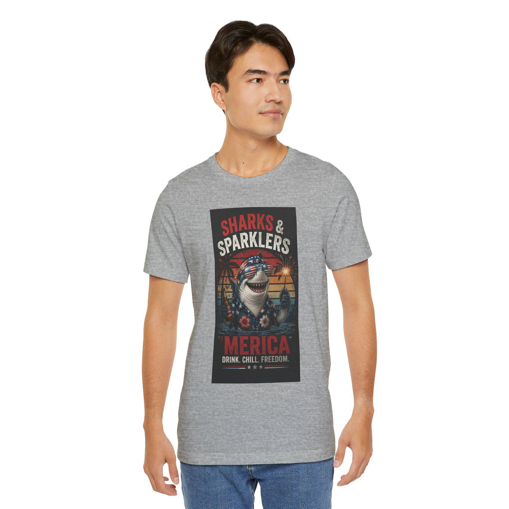 Sharks & Sparklers T-Shirt | Merica Patriotic Shark Summer Tee