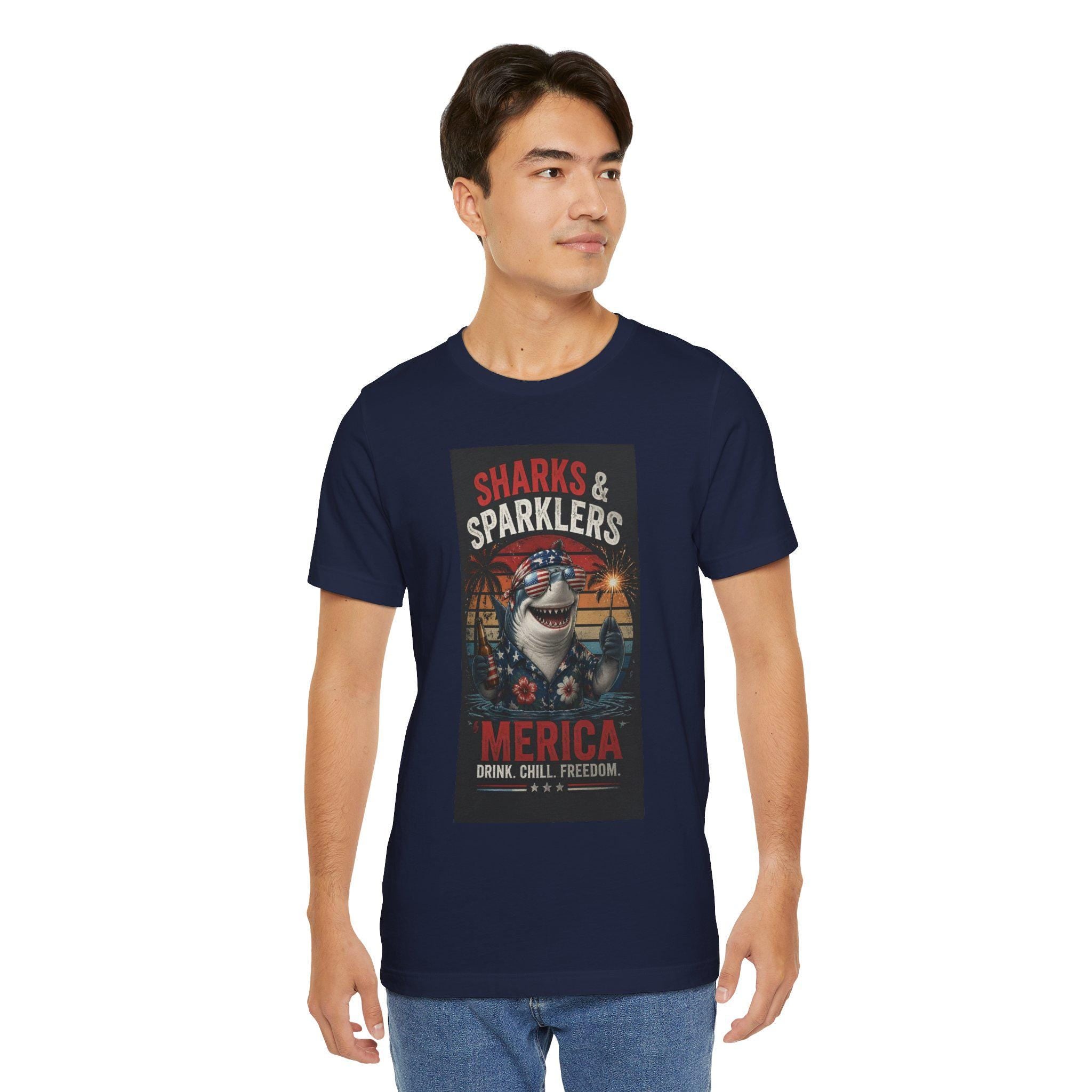 Sharks & Sparklers T-Shirt | Merica Patriotic Shark Summer Tee