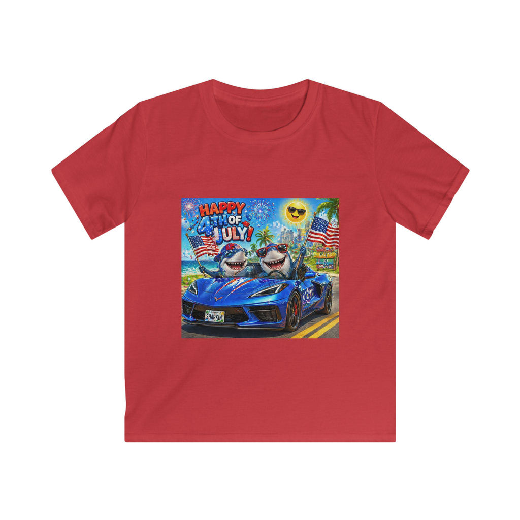 Happy 4th of July Shark Driving Corvette Kids Tee | Patriotic Fourth of July Shirt