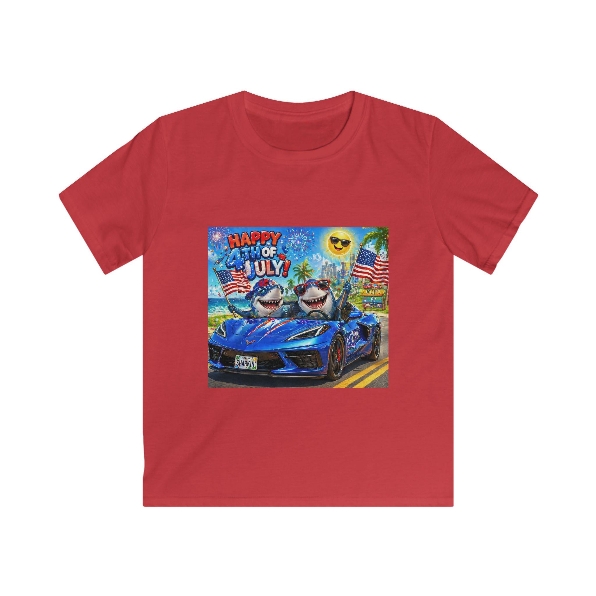 Happy 4th of July Shark Driving Corvette Kids Tee | Patriotic Fourth of July Shirt