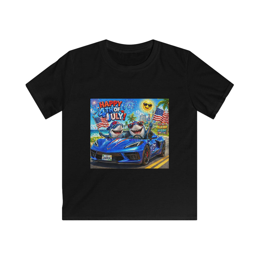 Happy 4th of July Shark Driving Corvette Kids Tee | Patriotic Fourth of July Shirt