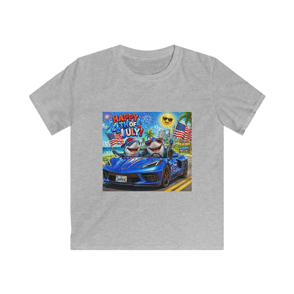 Happy 4th of July Shark Driving Corvette Kids Tee | Patriotic Fourth of July Shirt