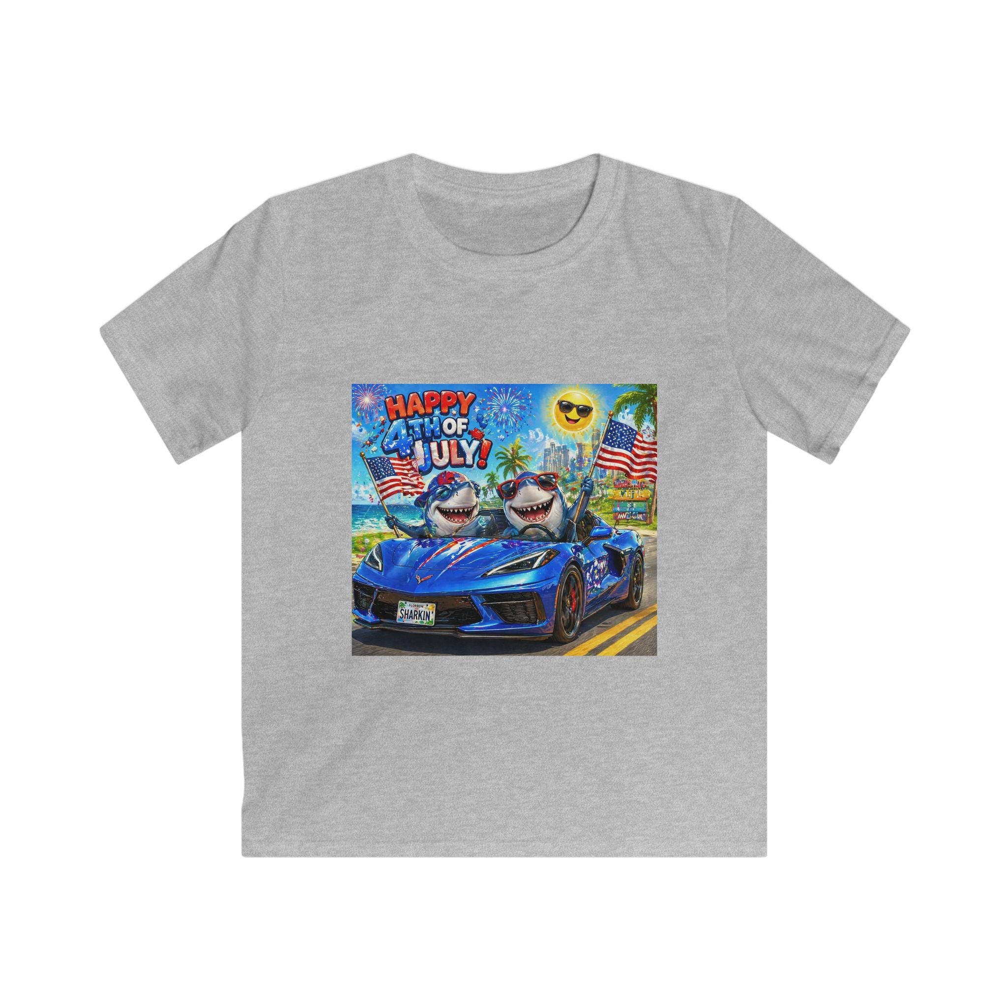 Happy 4th of July Shark Driving Corvette Kids Tee | Patriotic Fourth of July Shirt