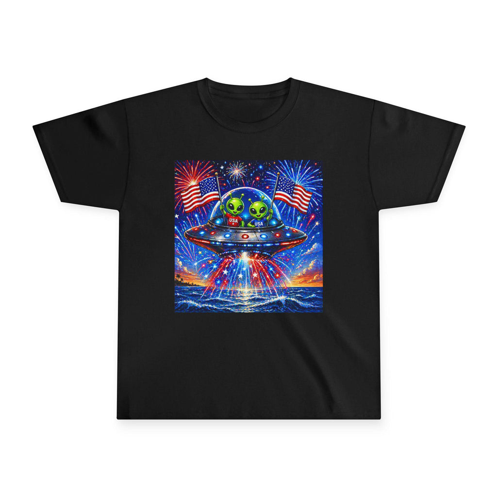 Alien UFO with American Flags Youth Tee | Patriotic Fourth of July Space