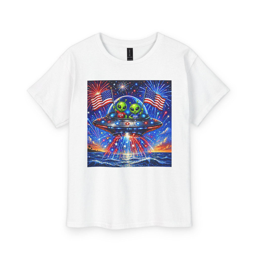 Alien UFO with American Flags Youth Tee | Patriotic Fourth of July Space