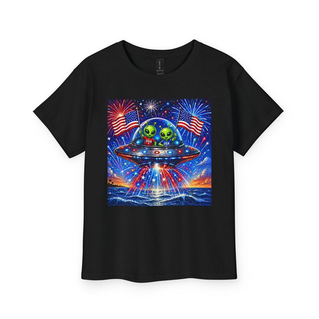 Alien UFO with American Flags Youth Tee | Patriotic Fourth of July Space