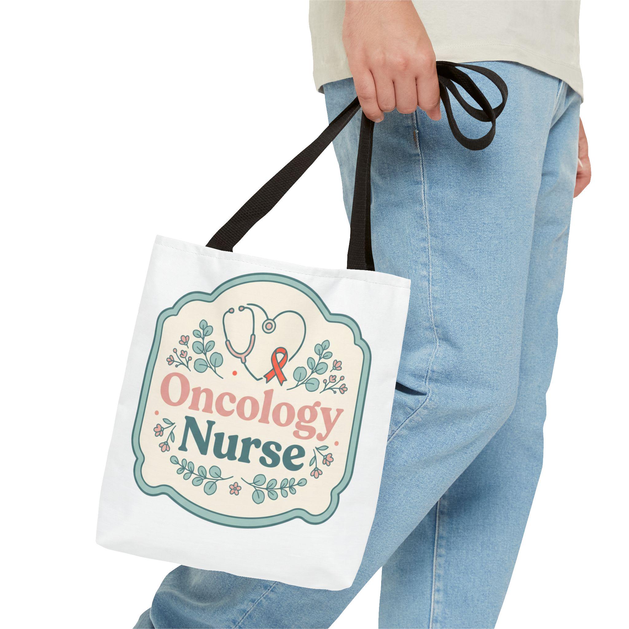 Oncology Nurse heart stethoscope ribbon tote bag | AOP all-over print