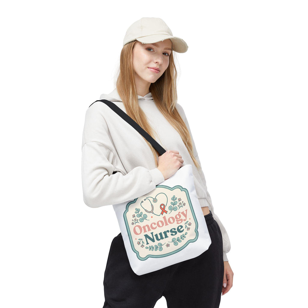 Oncology Nurse heart stethoscope ribbon tote bag | AOP all-over print