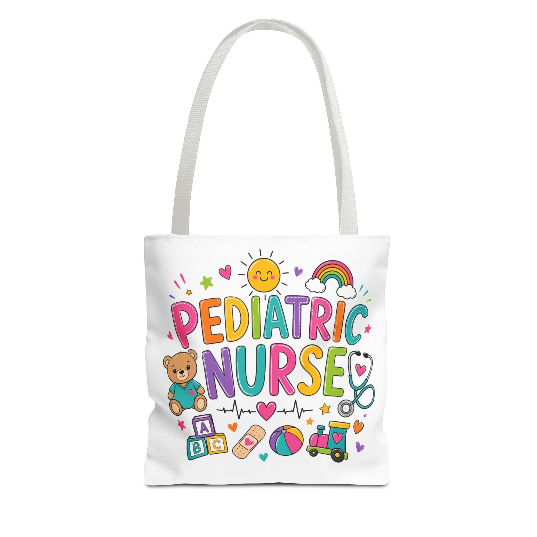 Pediatric Nurse colorful lettering tote | Cute kids medical icons, teddy, stethoscope