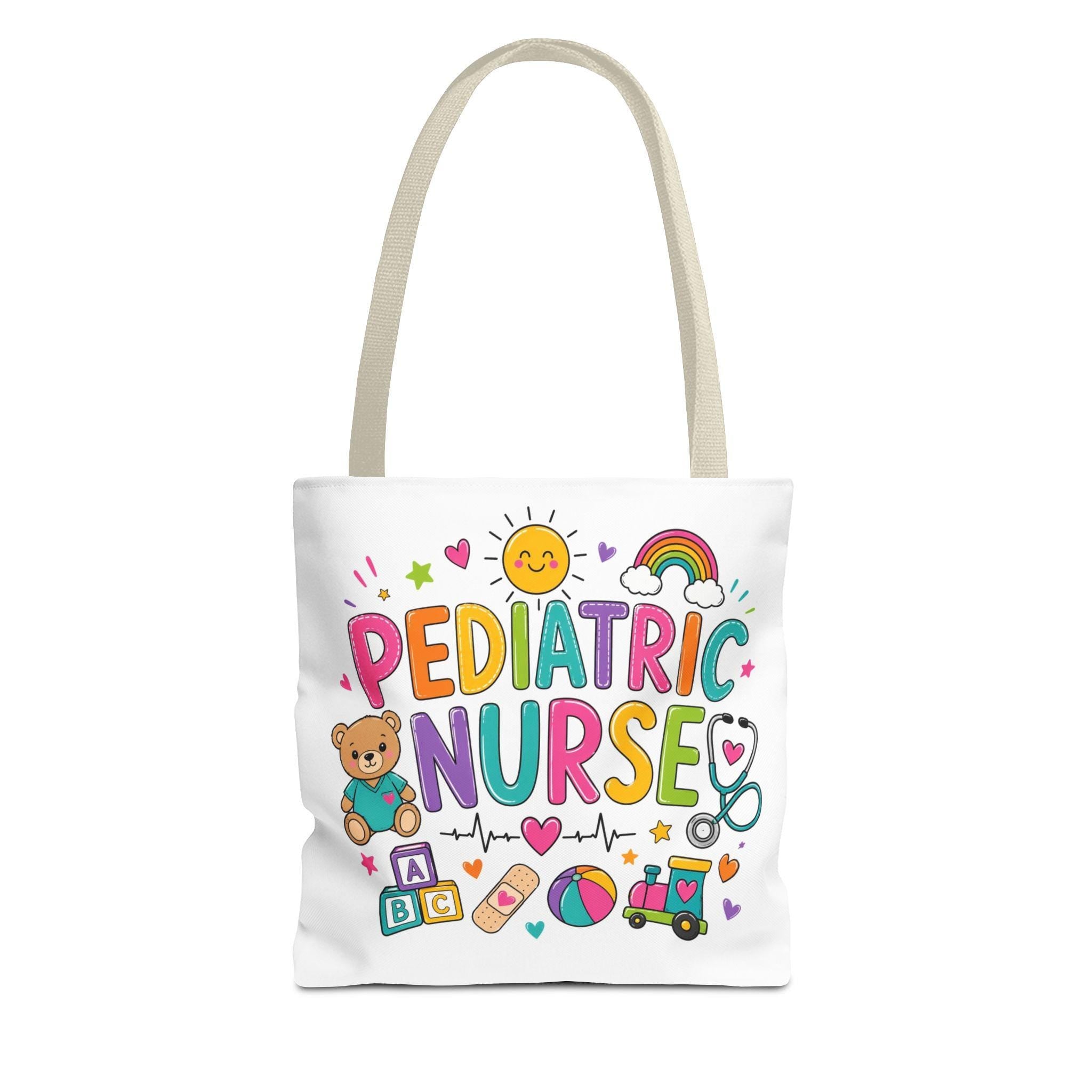 Pediatric Nurse colorful lettering tote | Cute kids medical icons, teddy, stethoscope