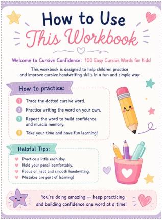 50 Easy Cursive Words for Kids Handwriting Practice Workbook (Digital Download)