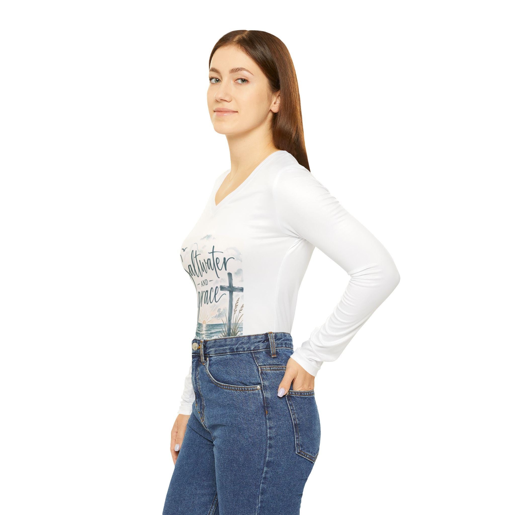 Saltwater and Grace cross beach design Long Sleeve V-neck Shirt | Christian coastal tee
