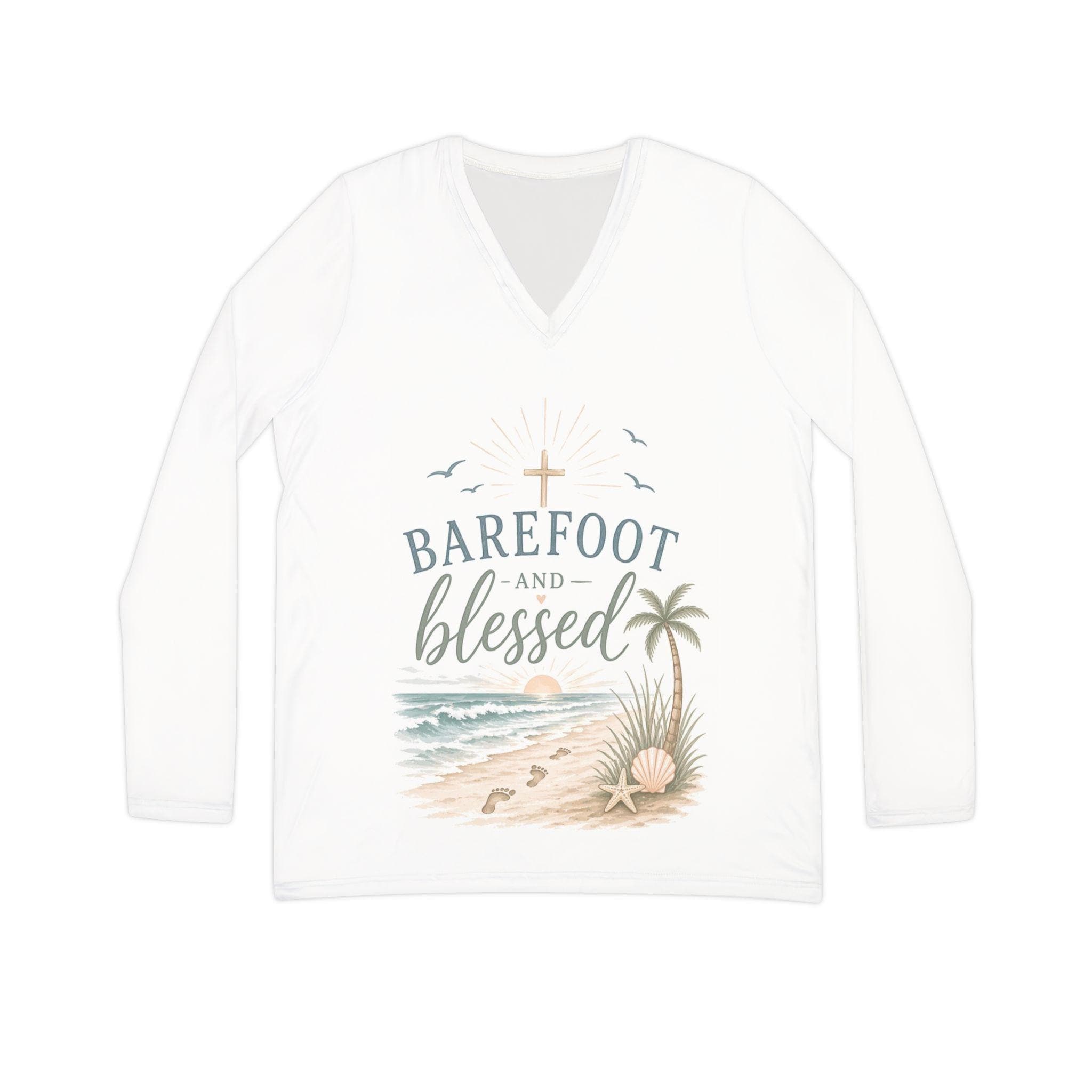 Barefoot and Blessed beach scene V-neck long sleeve shirt | coastal cross palm seashells