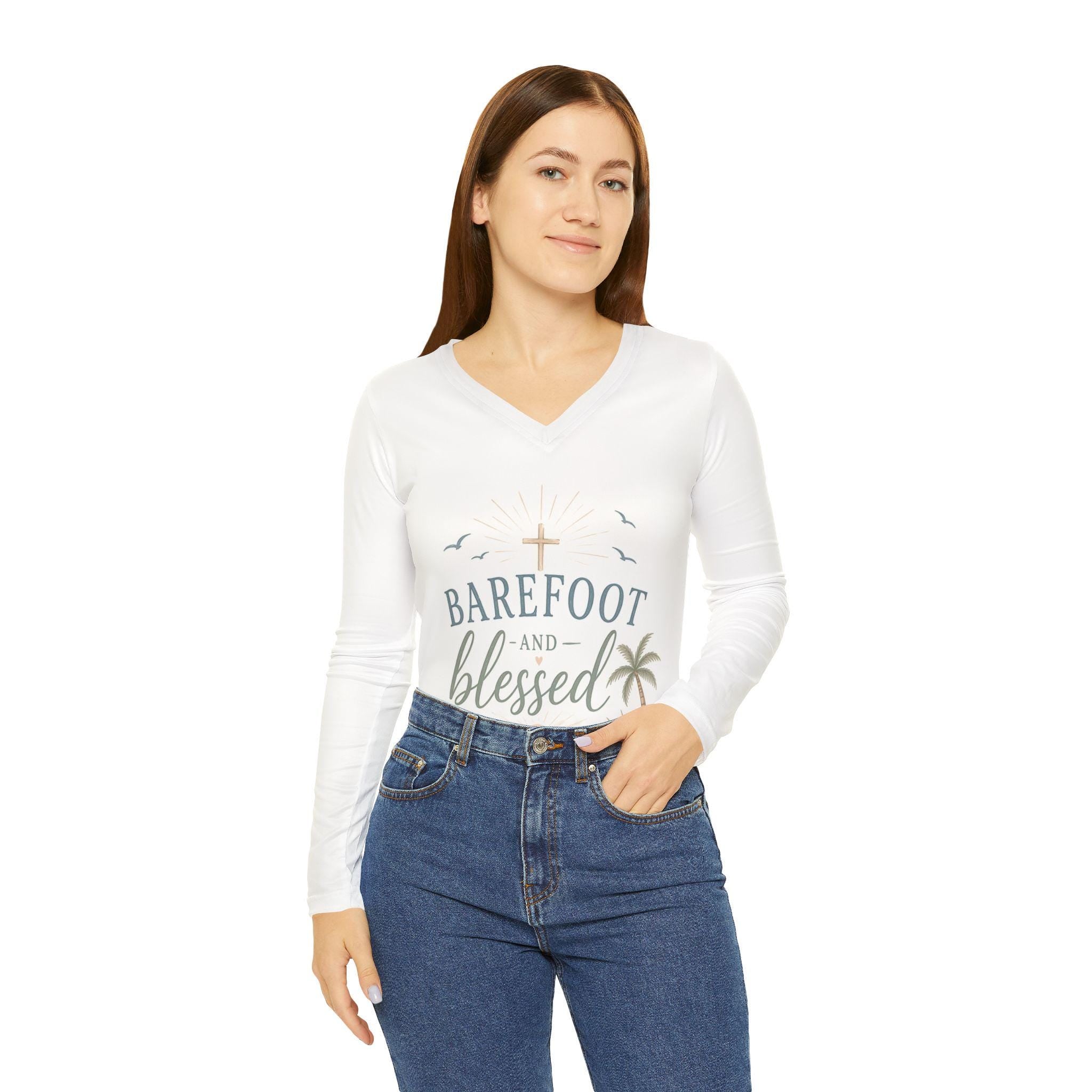 Barefoot and Blessed beach scene V-neck long sleeve shirt | coastal cross palm seashells
