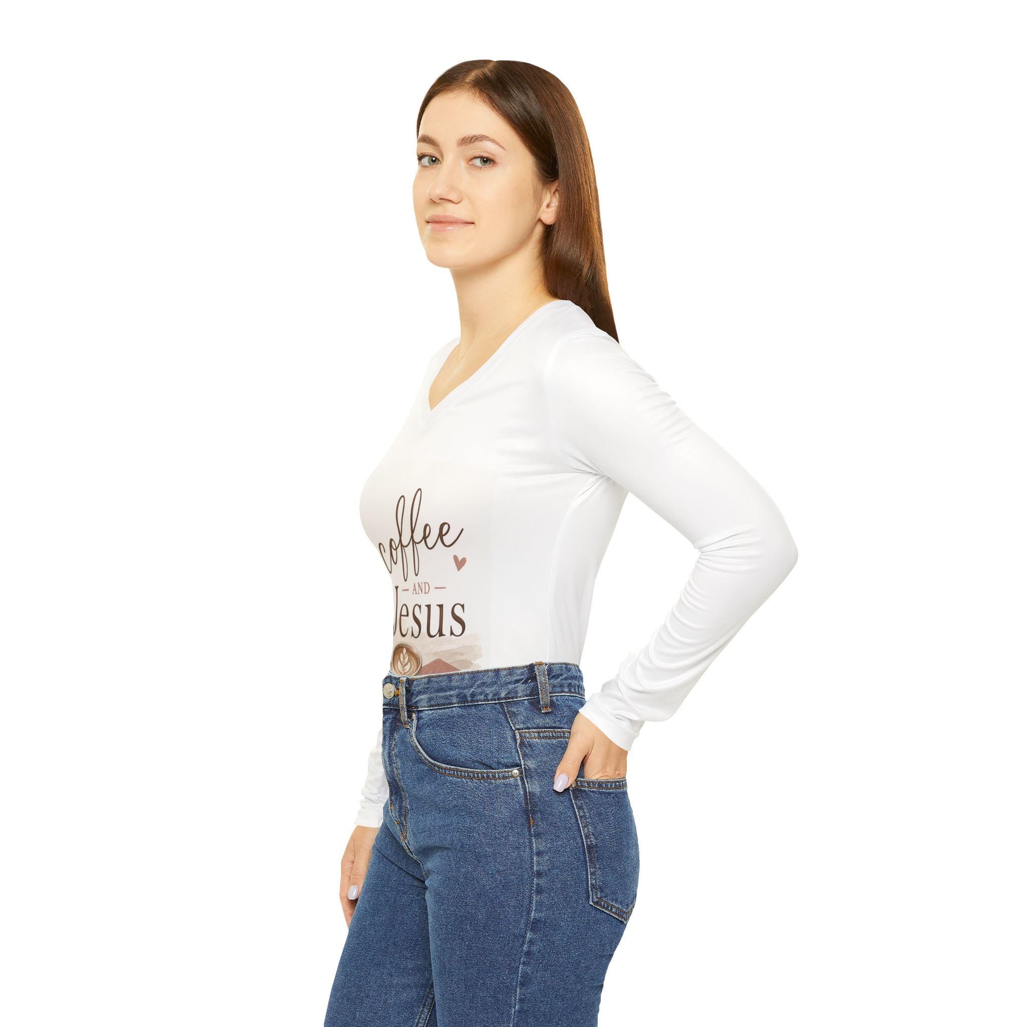 Coffee and Jesus long sleeve V-neck shirt | Christian coffee tee
