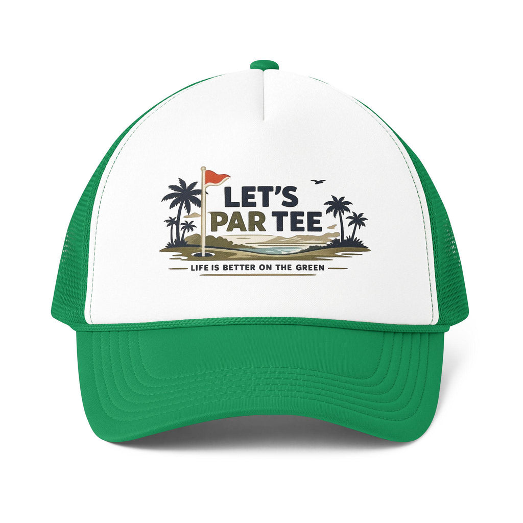 Let's Par Tee golf graphic Foam Mesh-Back Trucker Cap | golf course palm trees