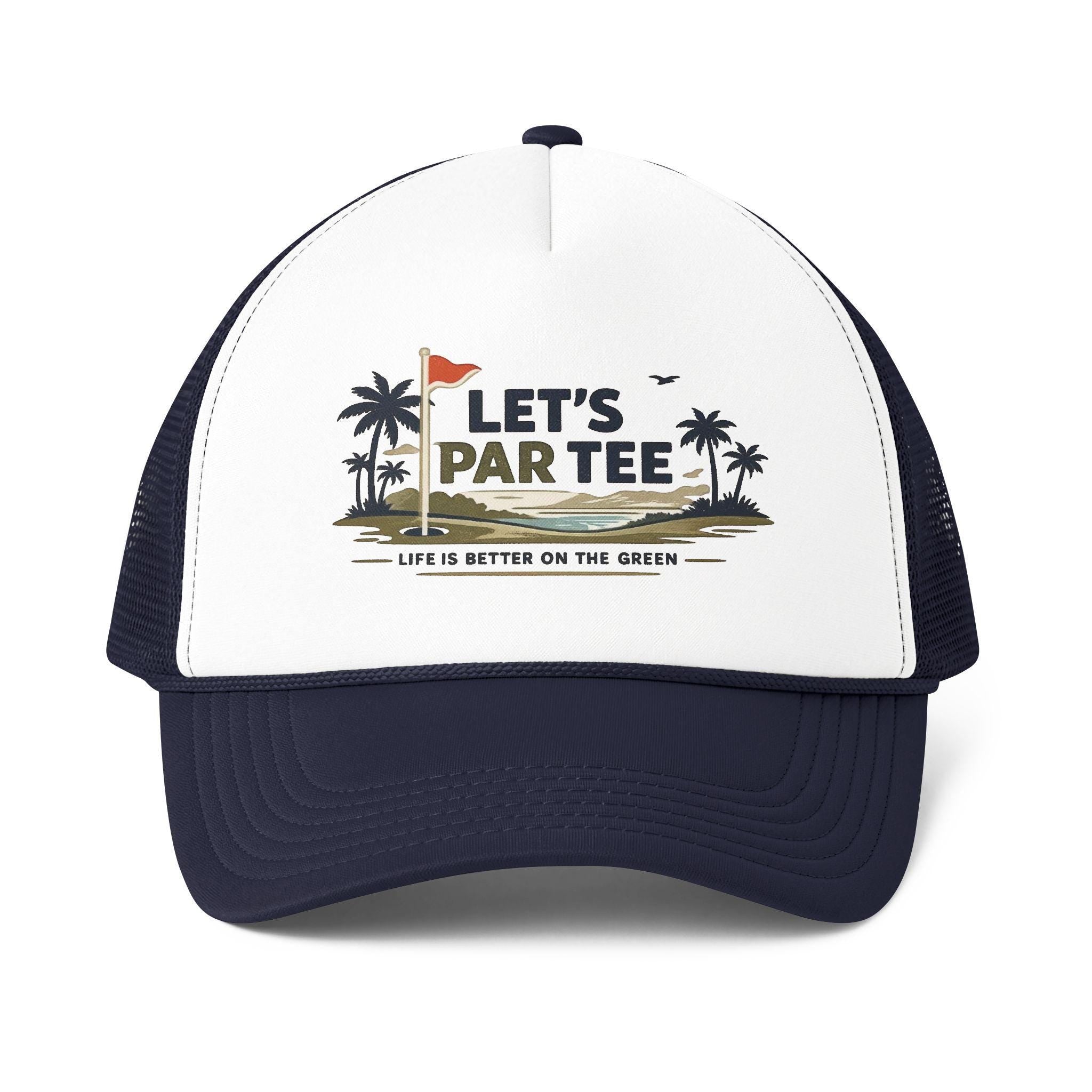 Let's Par Tee golf graphic Foam Mesh-Back Trucker Cap | golf course palm trees