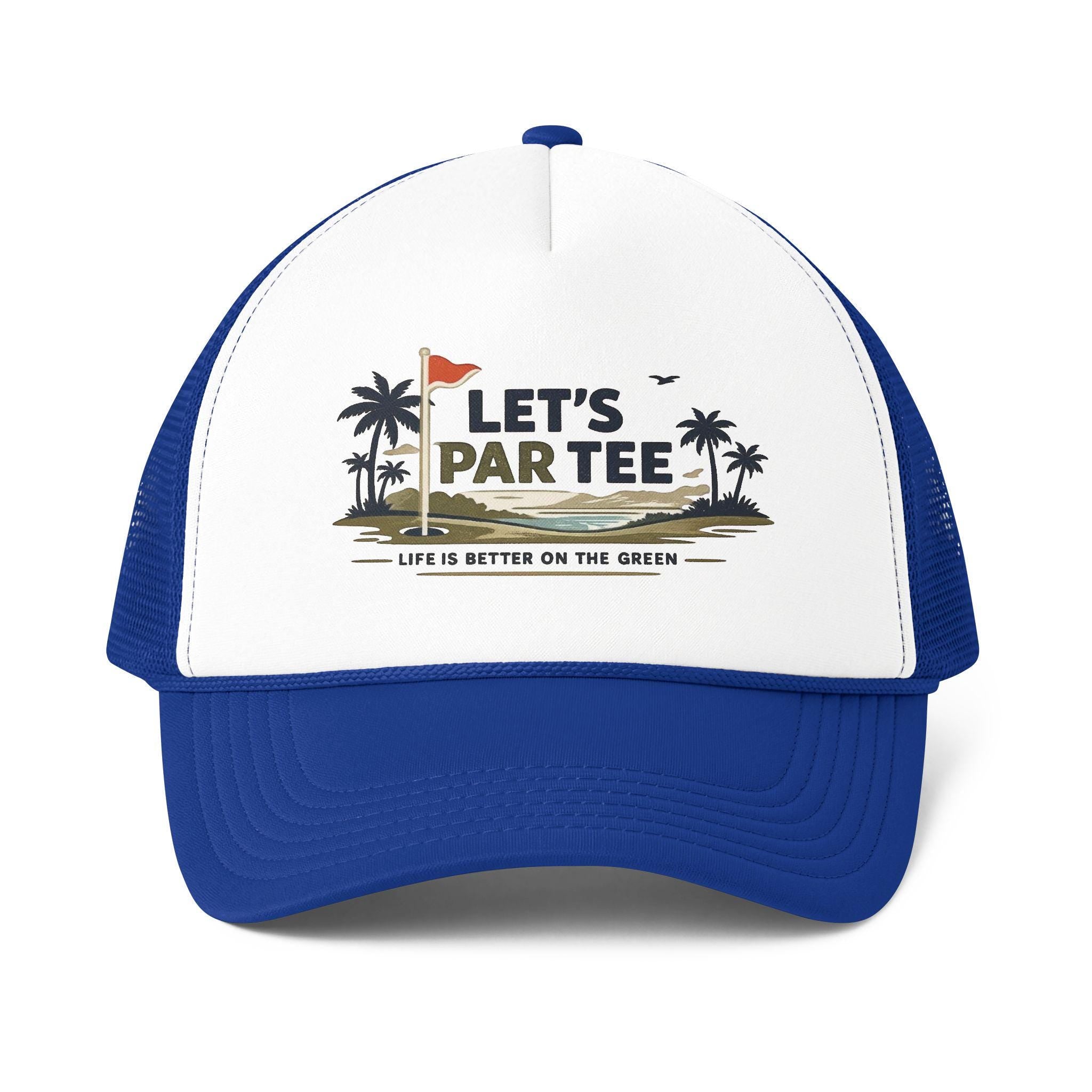 Let's Par Tee golf graphic Foam Mesh-Back Trucker Cap | golf course palm trees