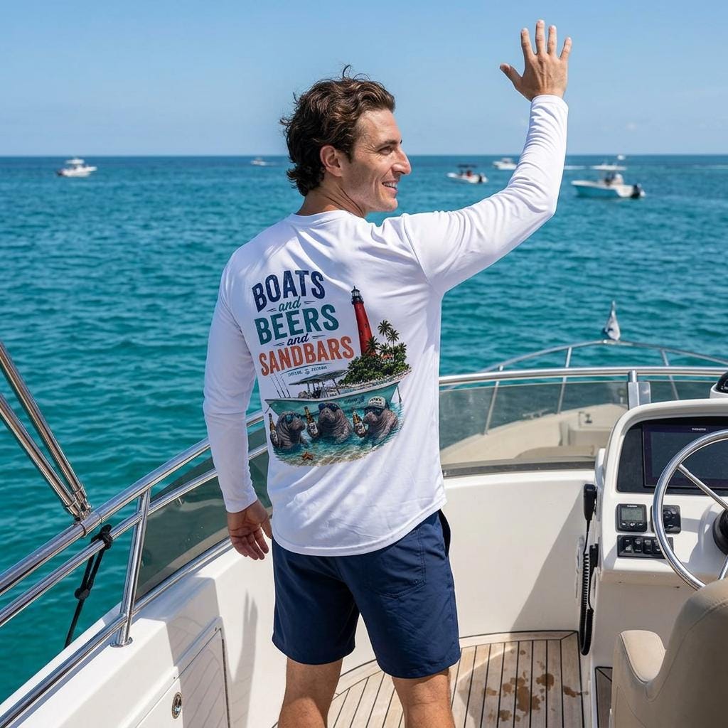 Boats and Beers and Sandbars Long Sleeve Shirt | Nautical Manatees Lighthouse