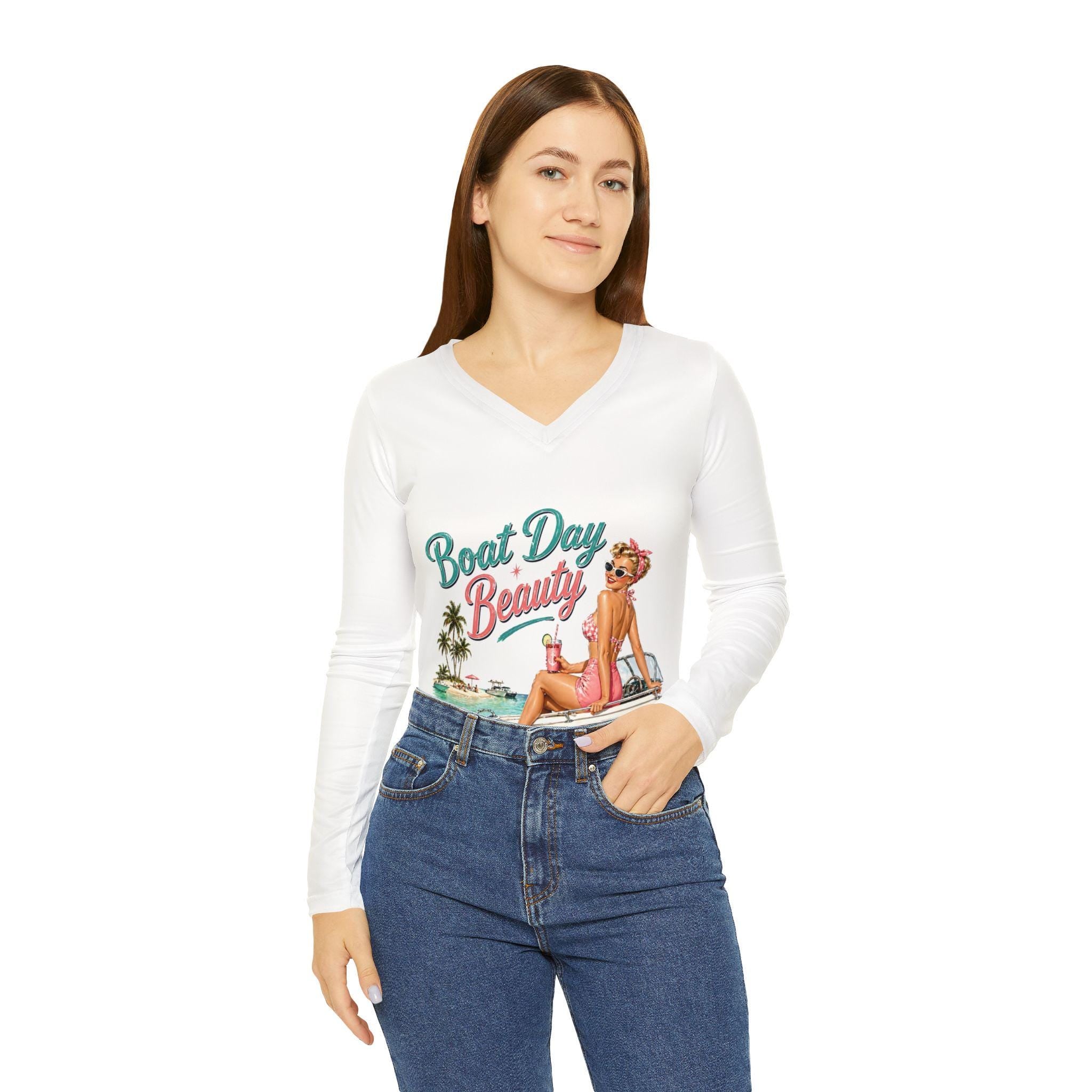Boat Day Beauty V-neck Long Sleeve Shirt | Pinup Girl Beach Boat Design