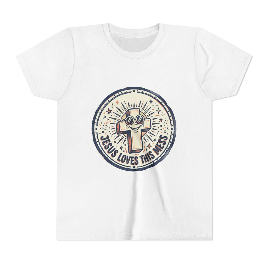 Jesus Loves This Mess Youth Tee | Cute Cross Character, Retro Sunburst