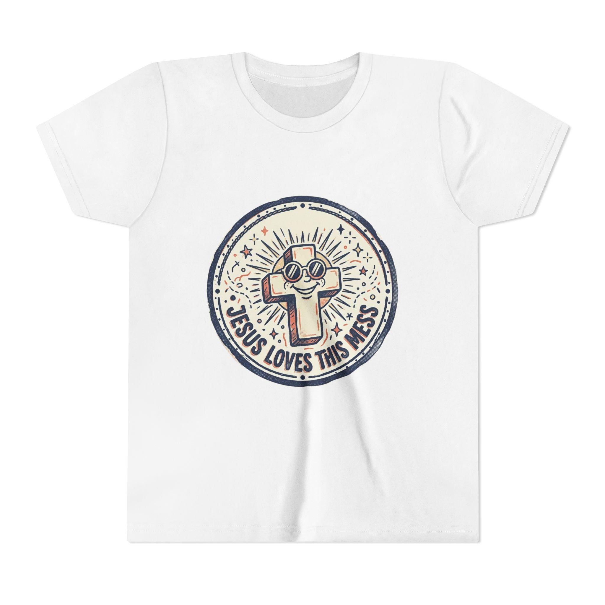 Jesus Loves This Mess Youth Tee | Cute Cross Character, Retro Sunburst