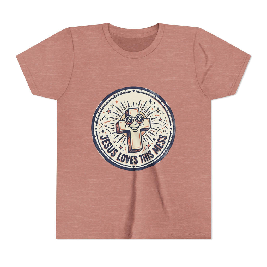 Jesus Loves This Mess Youth Tee | Cute Cross Character, Retro Sunburst