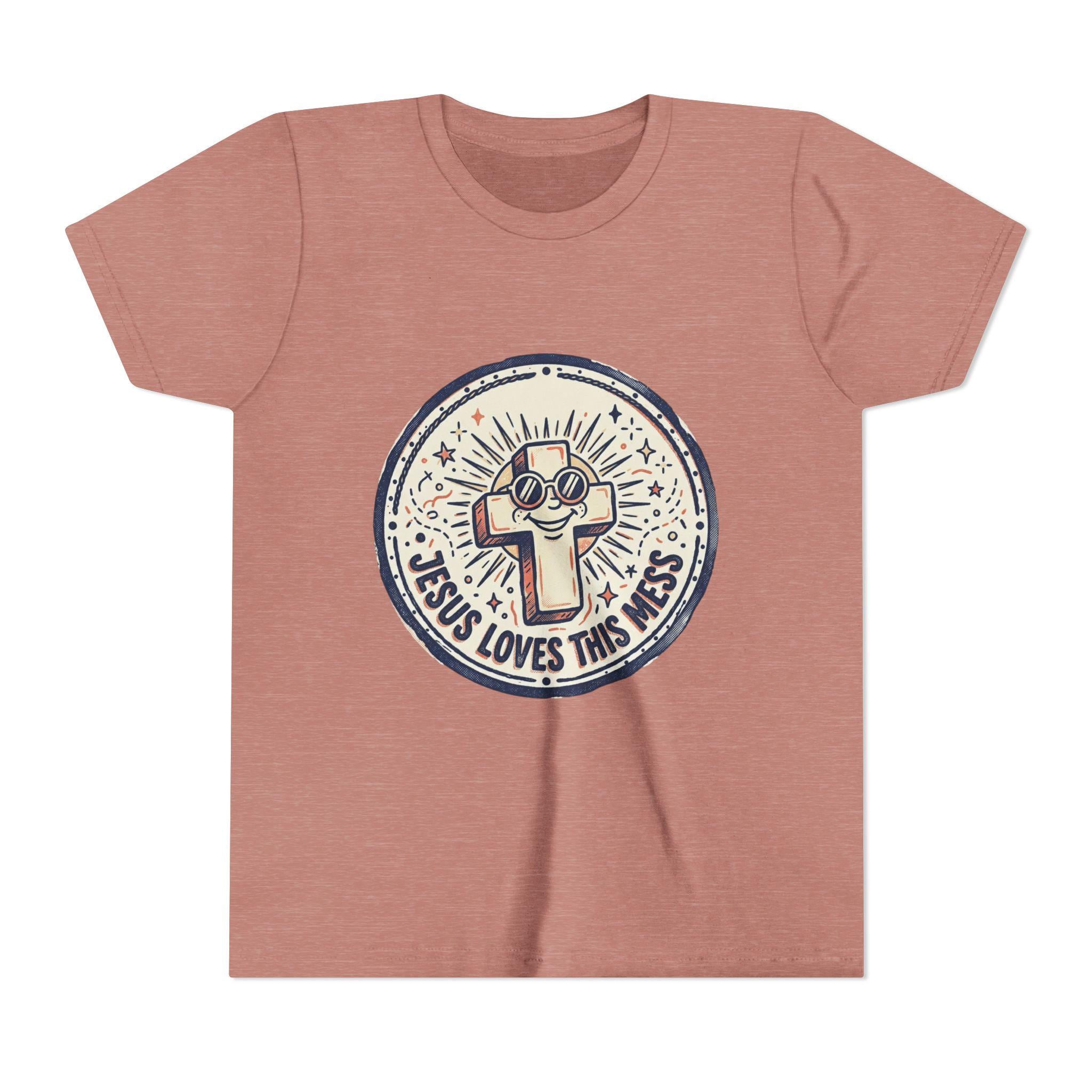 Jesus Loves This Mess Youth Tee | Cute Cross Character, Retro Sunburst