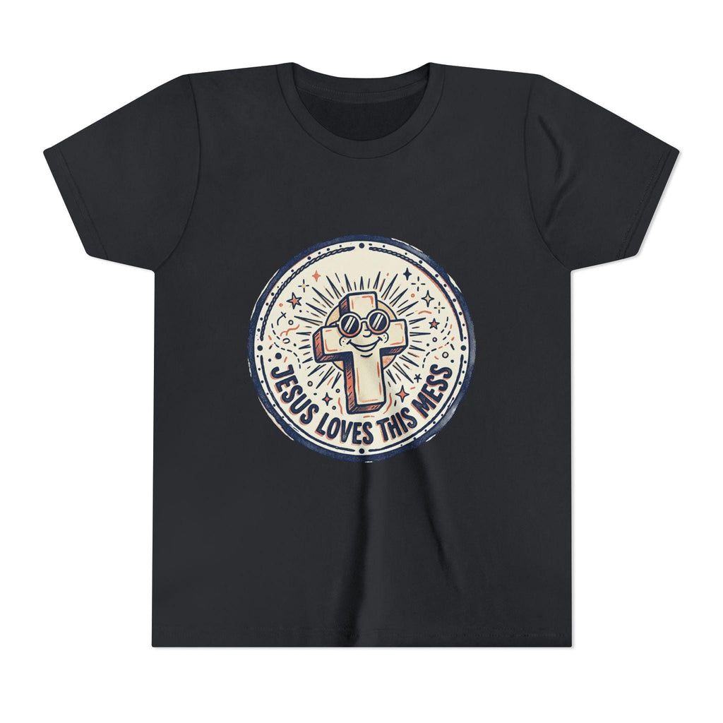 Jesus Loves This Mess Youth Tee | Cute Cross Character, Retro Sunburst