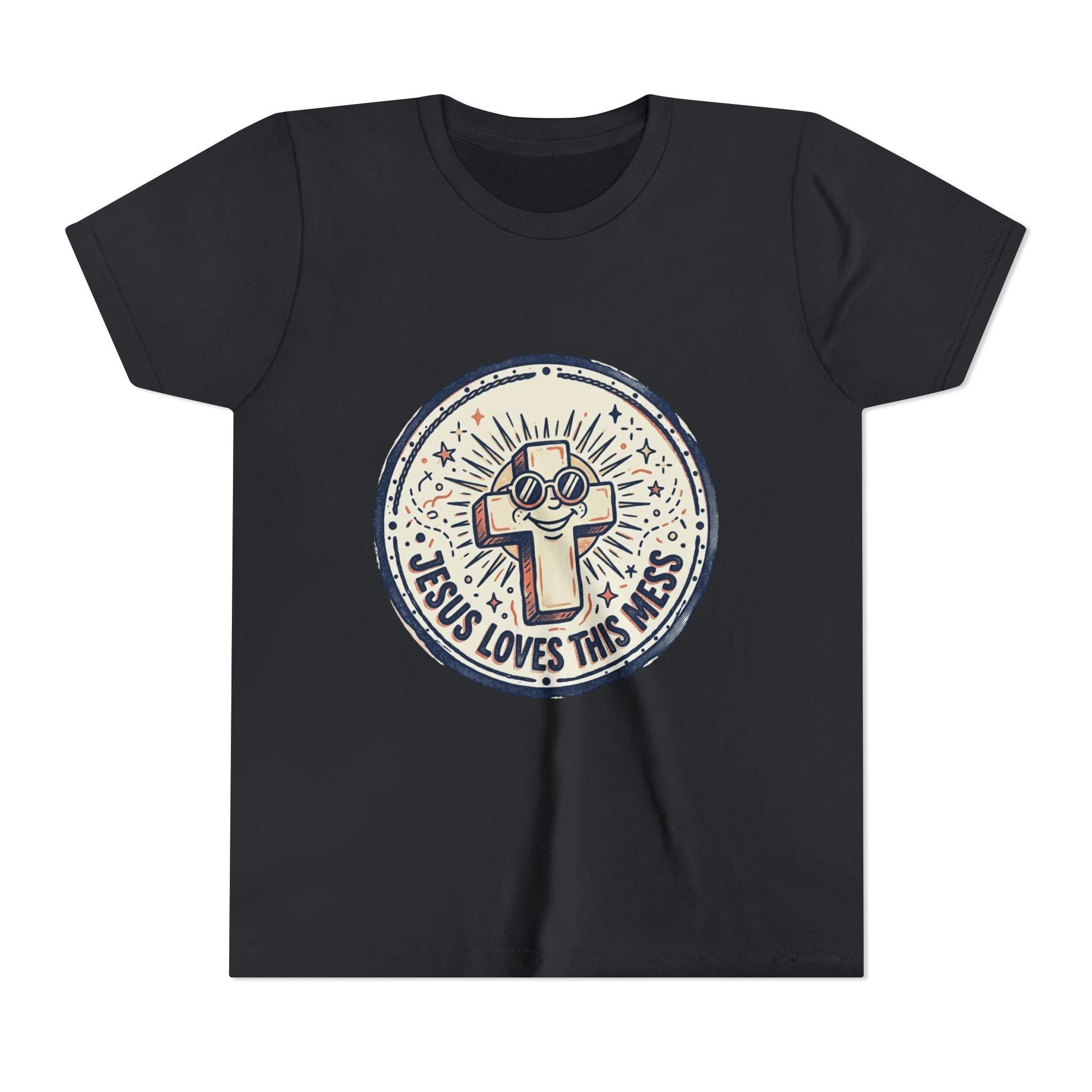 Jesus Loves This Mess Youth Tee | Cute Cross Character, Retro Sunburst