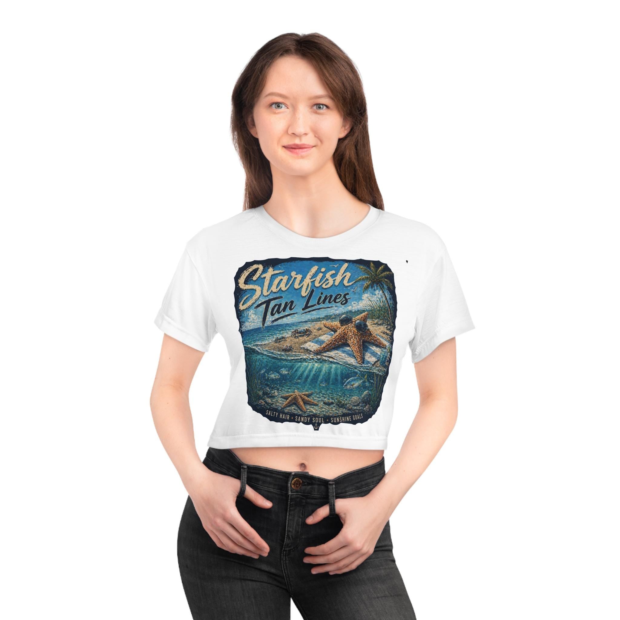 Starfish Tan Lines Crop Tee | Retro Beach Ocean Graphic