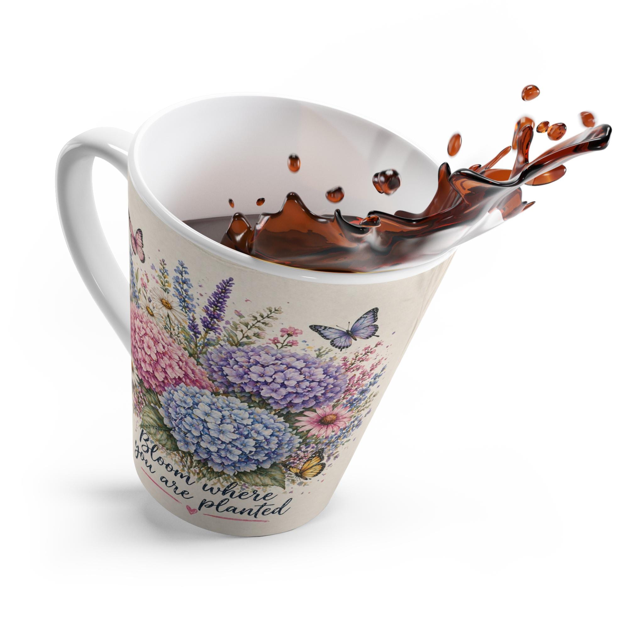 Bloom Where You Are Planted Latte Mug | Hydrangea Bouquet, Butterflies