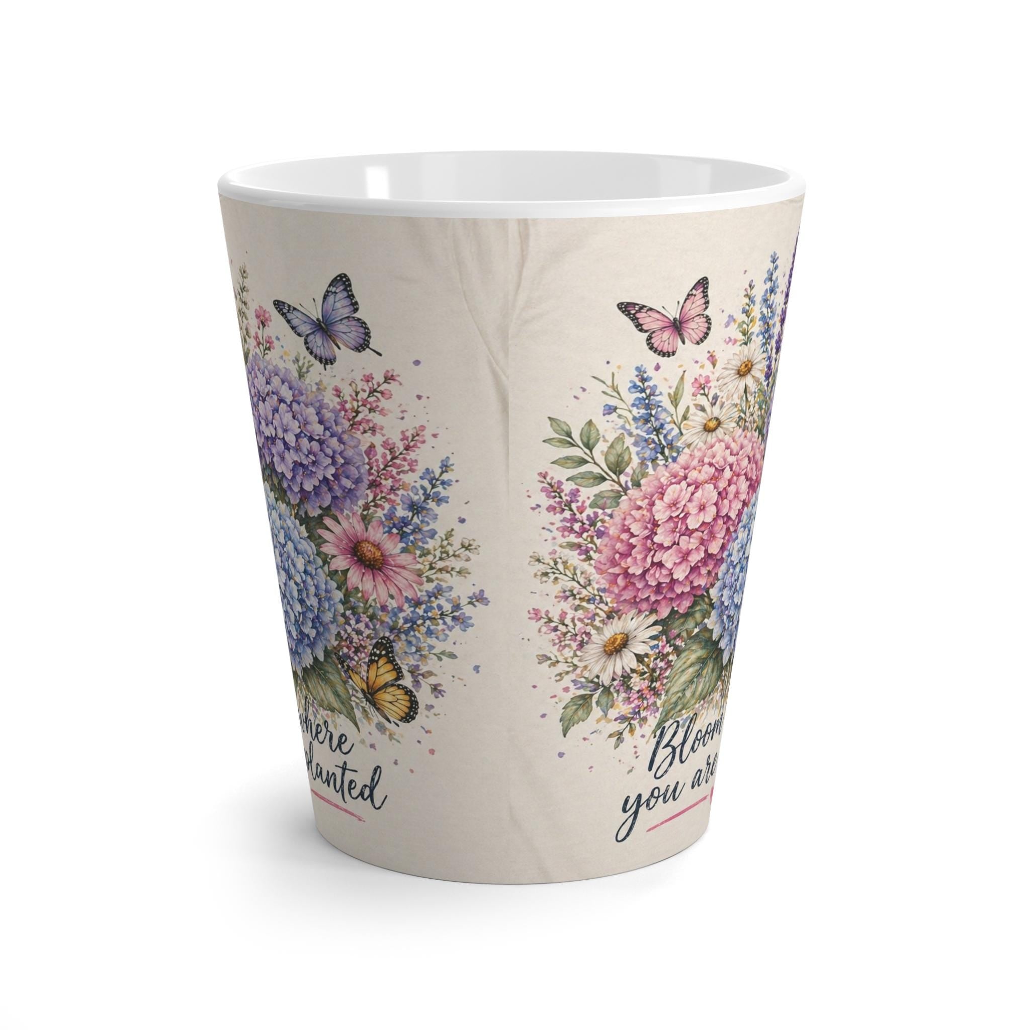 Bloom Where You Are Planted Latte Mug | Hydrangea Bouquet, Butterflies