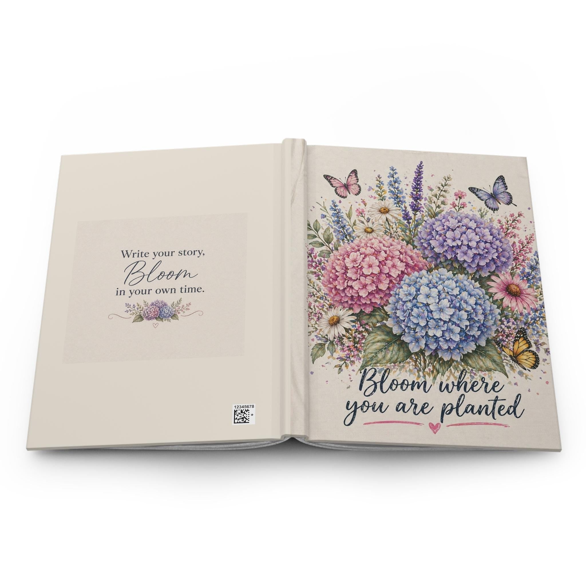 Bloom where you are planted Hardcover Journal | Floral hydrangea bouquet, butterflies
