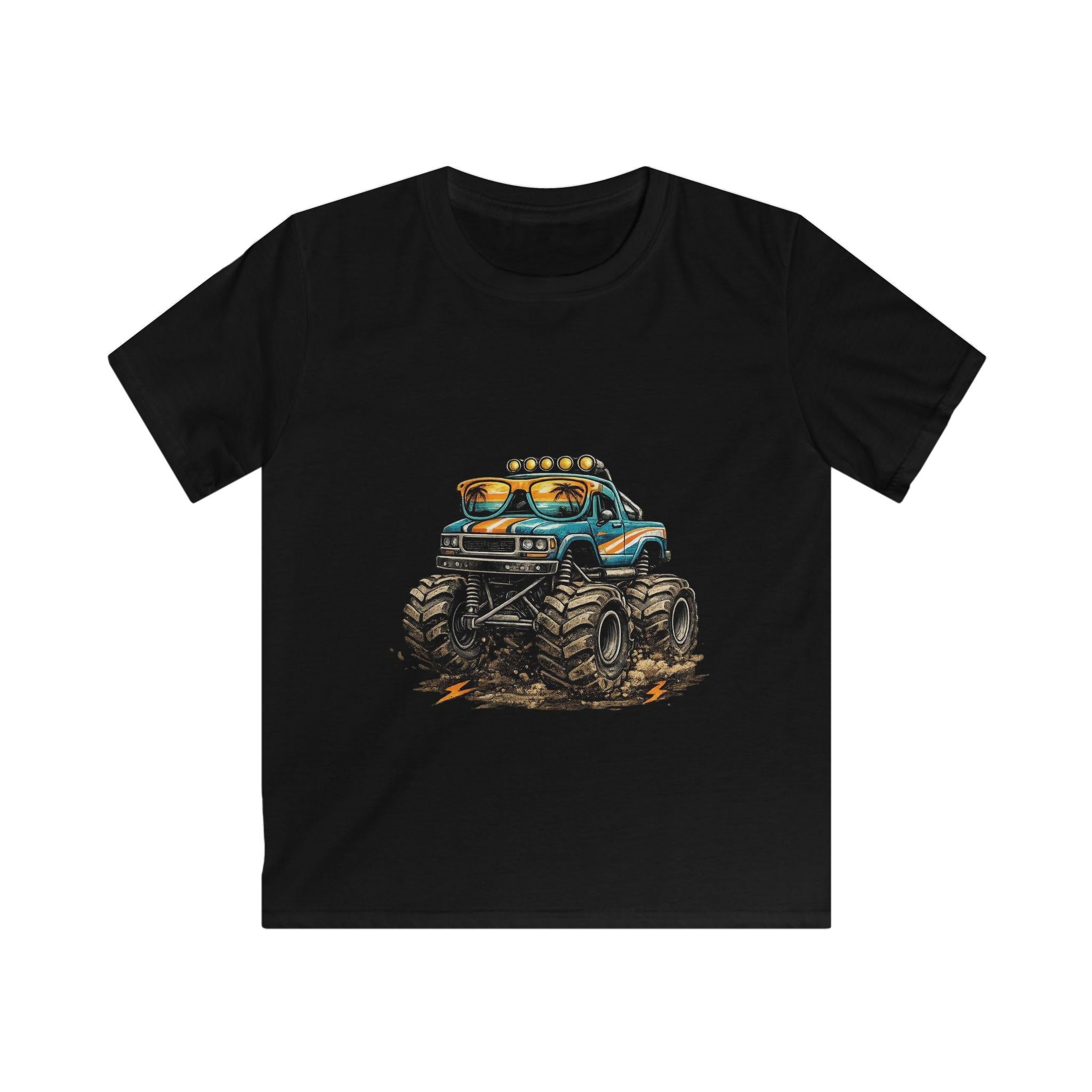 Blue Monster Truck Kids Tee | Muddy Offroad Vehicle Illustration