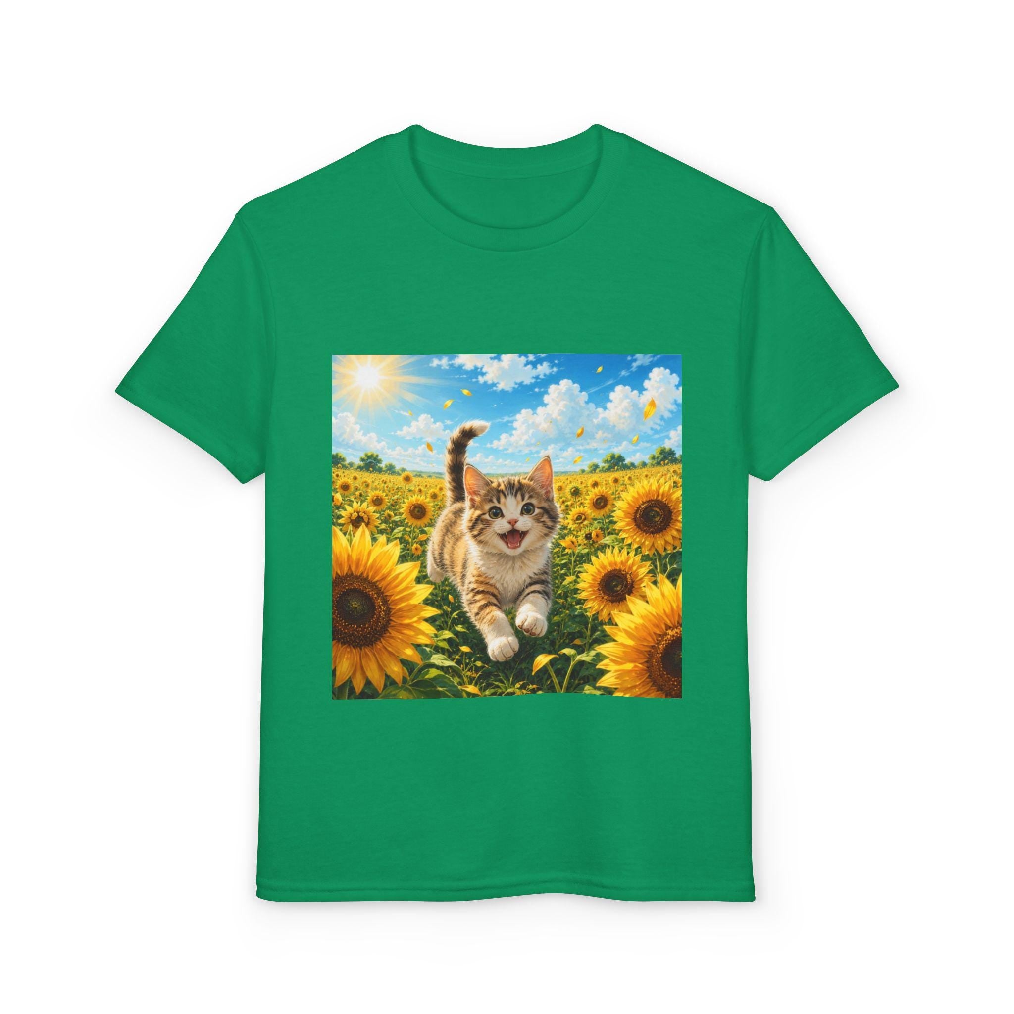 Playful Kitten in Sunflower Field Youth T-Shirt | Sunshine Cat Tee