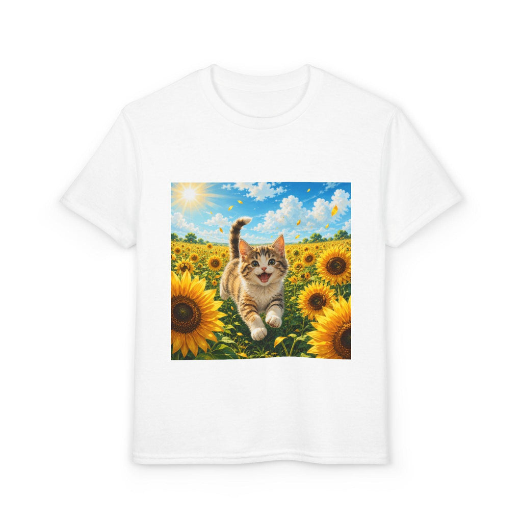 Playful Kitten in Sunflower Field Youth T-Shirt | Sunshine Cat Tee