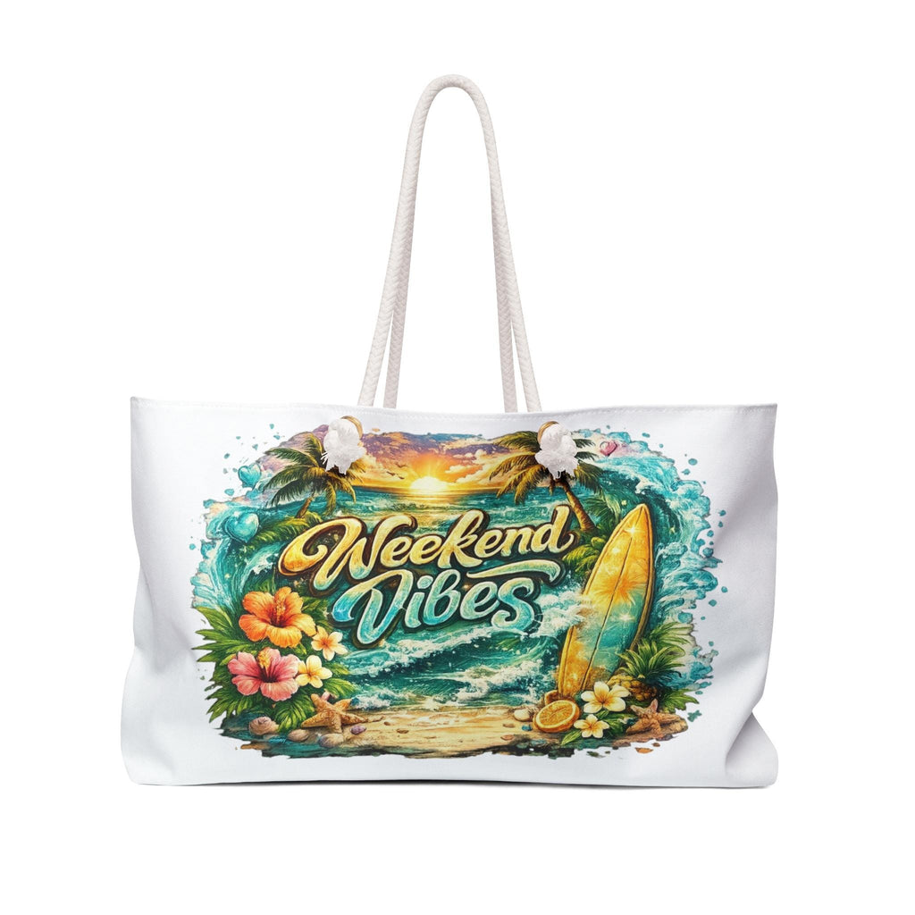 Weekend Vibes Surf Scene Weekender Bag | Tropical Beach, Surfboard, Sunset