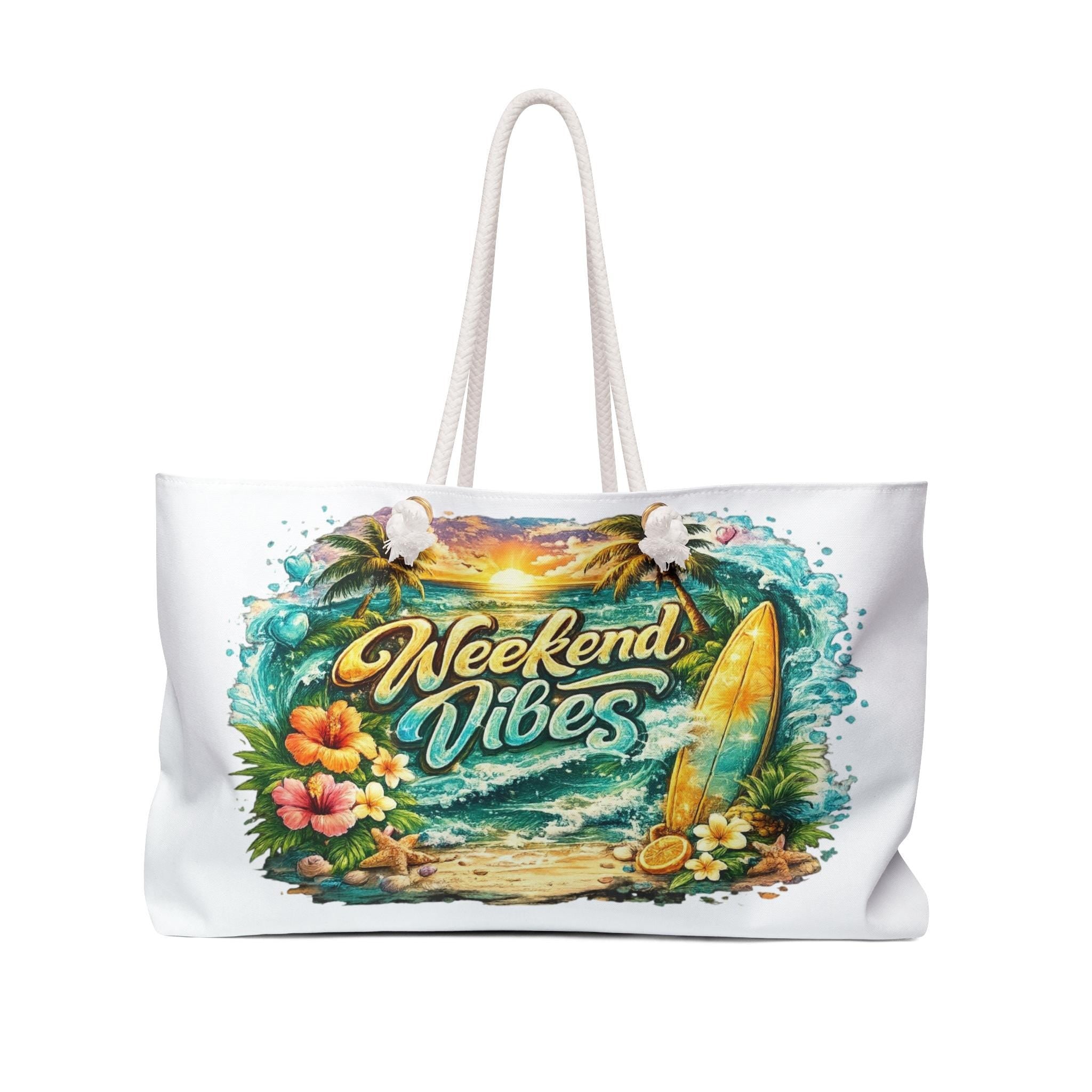 Weekend Vibes Surf Scene Weekender Bag | Tropical Beach, Surfboard, Sunset
