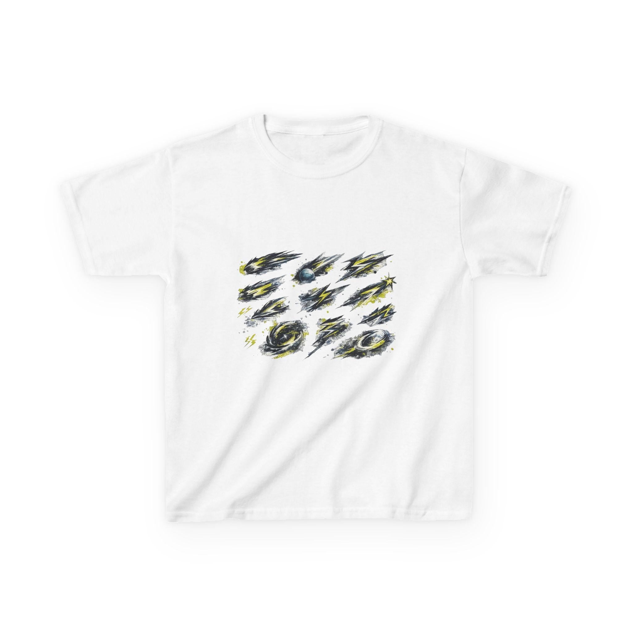 Meteor Brush Strokes Kids Tee | Comic Space Meteors, Yellow Blue